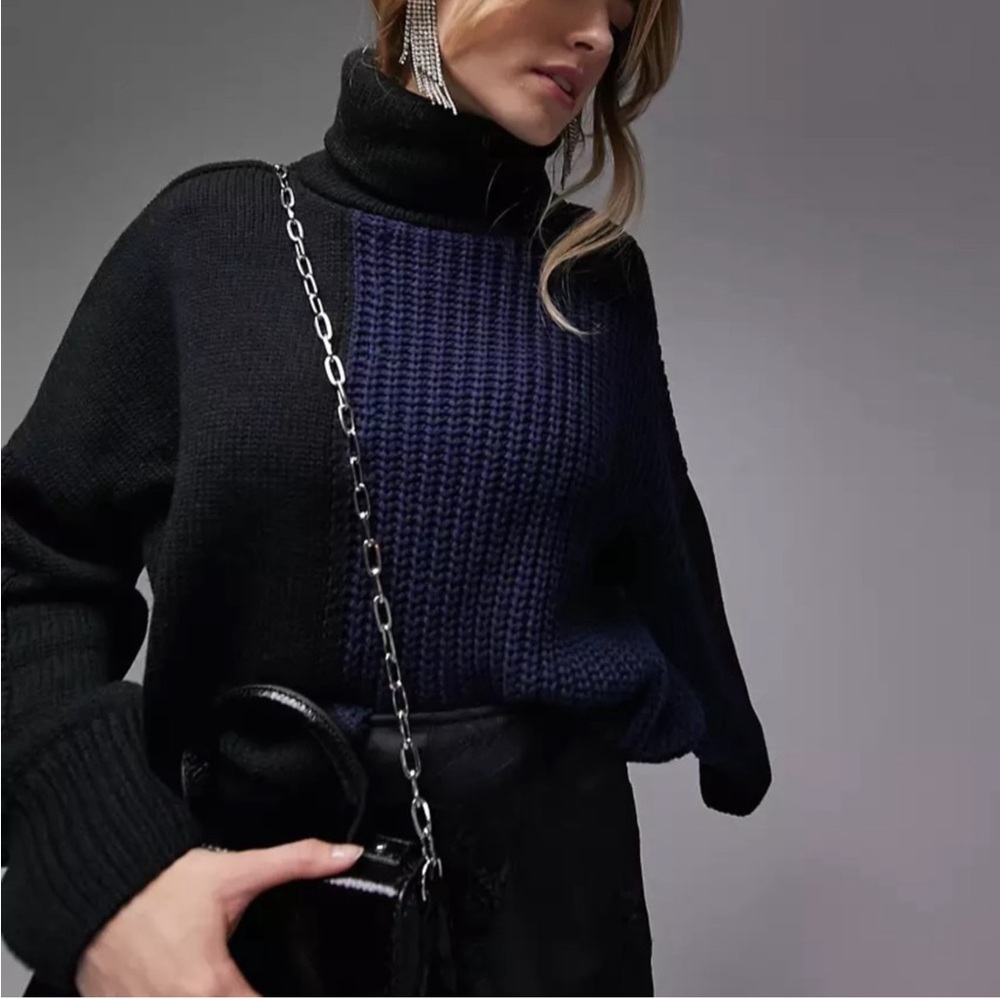 Topshop Chunky Knit Colourblock Navy Black Turtleneck Small